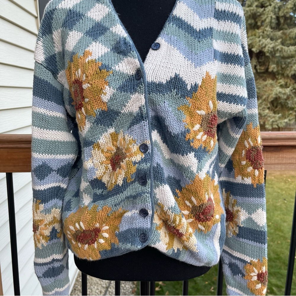Vtg Import Workshop Sunflower Cardigan Sweater Chunky Knit Women’s Large - Picture 2 of 12